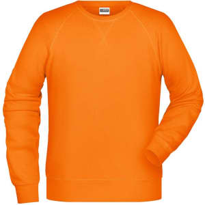 An orange men's sweatshirt with a round neckline and long sleeves. It features a logo on the upper interior.