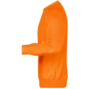 An orange sweatshirt with long sleeves and a comfortable fit, featuring a logo on the front side.