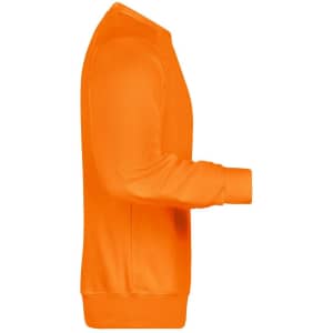 An orange jumper featured in a side view, with a simple design and ribbed cuffs. It has a logo on the chest.