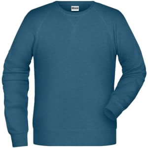 A men's sweatshirt in a teal colour with long sleeves and a crew neck, featuring a logo.