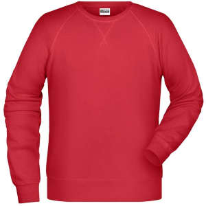A red men's jumper with a classic design and a logo on the label.