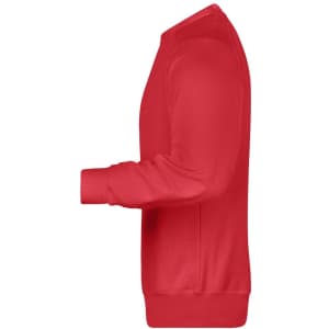 A red men's jumper with a simple design and ribbed cuffs. It features a side view highlighting its shape.