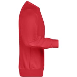 A red men's jumper with a round neck and long sleeves, featuring a logo on the side.