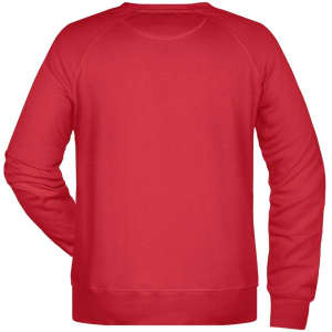 A red jumper with long sleeves and a crew neck, featuring a plain back design and a logo.