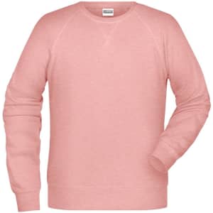 A pink men's sweater with raglan sleeves and a simple design. It features a logo on the label.