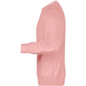 A pink men's jumper, featuring long sleeves and a crew neck. It includes a logo on the side.
