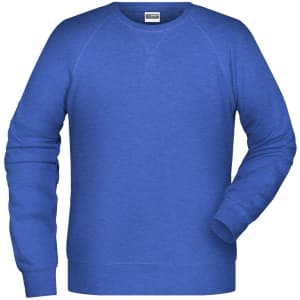 A blue men's sweater featuring a crew neckline and long sleeves. The garment has a logo on it.