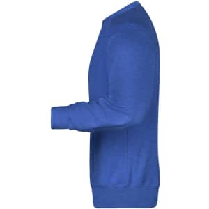 A blue men's sweatshirt displayed from the side, featuring long sleeves and a crew neck design. It has a logo on it.