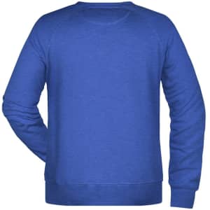 A blue men's jumper with a simple design and a logo on the back.
