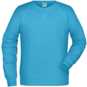 A bright blue men's sweatshirt with a crew neck and raglan sleeves. It features a logo on the label.