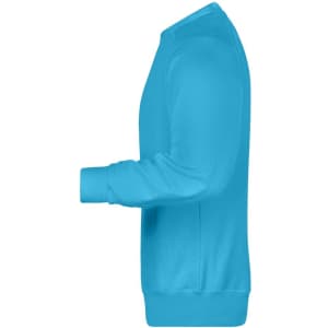 A blue jumper with long sleeves and a side view, featuring a logo on the garment.