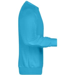 A blue men's jumper with a crew neck, featuring long sleeves and a fitted waistband. It has a logo on it.