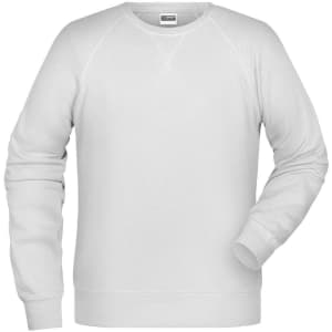 A white men's jumper with a raglan sleeve design and a logo on the label.