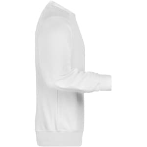 A white men's jumper with long sleeves and a crew neck, featuring a logo on the sleeve.
