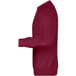 A maroon men's sweater features a classic crew neckline and long sleeves, with a simple design and a logo.