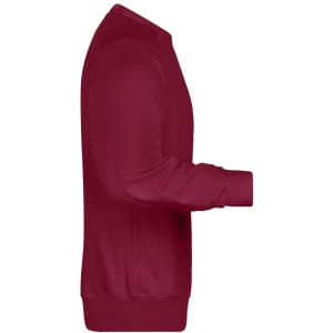 A maroon jumper with long sleeves, featuring a standard crew neck and ribbed cuffs. It has a logo on the side.