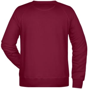 A maroon sweatshirt with a simple design and a logo on the back. Features long sleeves and a crew neck.