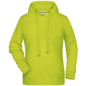 A bright green ladies hoodie with a front pocket and adjustable drawstring hood. Features a logo on the chest.