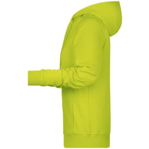A ladies hoodie in bright lime green, featuring a hood and long sleeves. The side view highlights its design.