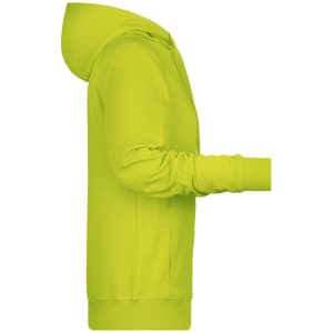 A bright lime green hoodie with a full zip and a hood, featuring long sleeves and a soft design.