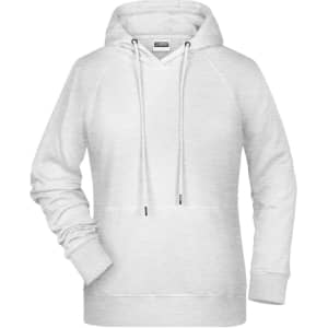 A light grey ladies hoodie with a front pocket and drawstring hood, featuring a logo.