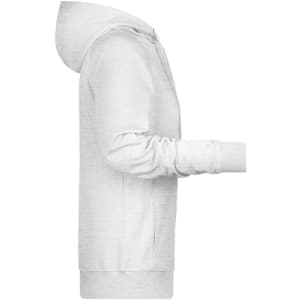 A ladies hoodie in light grey with a front zip and a hood, featuring long sleeves and a branding logo.