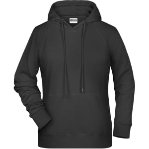 A black ladies' hoodie with a drawstring, kangaroo pocket, and a logo. Features a relaxed fit and long sleeves.