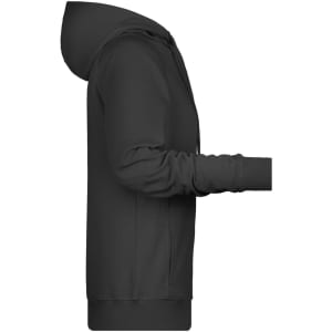 A black ladies hoodie displayed from the side, featuring a hood and long sleeves. It has a logo on the front.