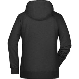 A black ladies hoodie featuring a hood and long sleeves, with a logo on the back.