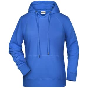 A blue ladies hoodie with a front pocket and a drawstring hood, featuring a subtle logo.