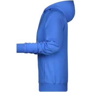 A blue ladies hoodie featuring a hood and long sleeves, displayed from a side view.