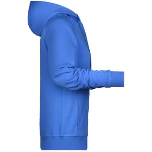 A ladies hoodie in a vibrant blue colour, featuring a hood and long sleeves, with a logo on the front.