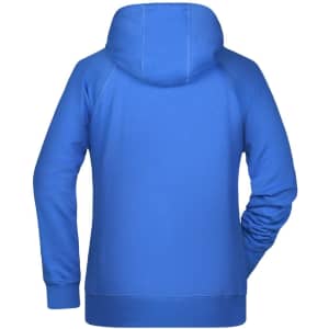 A blue ladies hoodie with a kangaroo pocket and a hood, featuring a logo on the back.