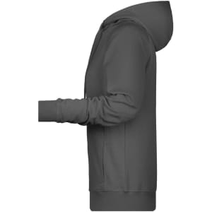A grey ladies hoodie featuring a hood and long sleeves, with a side view showcasing the fit and design.