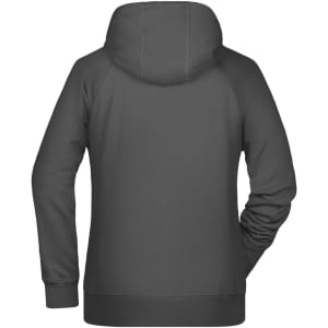 A grey ladies hoodie with a hood and long sleeves, featuring a plain design and a logo.