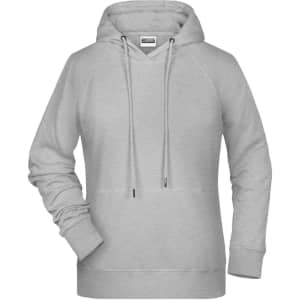 A grey ladies hoodie featuring a hood, drawstrings, and a front pocket, with a logo on the label.