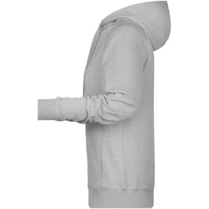 A grey ladies hoodie featuring a front fastening and a hood, with long sleeves and side pockets.