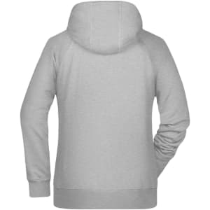 A grey ladies hoodie featuring a hood and long sleeves, with a smooth back design. It includes a logo.