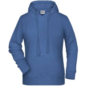 A blue ladies' hoodie featuring a front pocket and a drawstring hood, with a logo on the label.