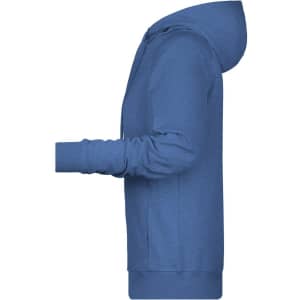 A blue ladies hoodie with a kangaroo pocket and long sleeves, featuring a hood and a logo.