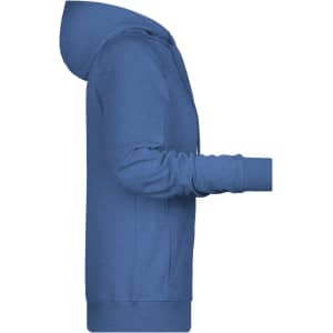 A blue ladies hoodie with a hood and long sleeves, featuring a side view design and a logo.