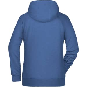 A blue ladies hoodie with a back view and a hood, featuring a logo on the design.