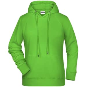 A vibrant green ladies hoodie with a front pocket and a drawstring hood. It features a logo.