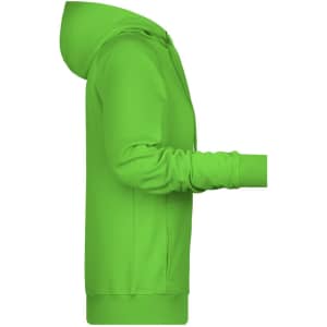 A green ladies hoodie with a hood, featuring long sleeves and a side view. It has a logo on the front.