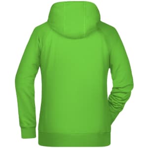 A green ladies' hoodie with a back view, featuring a hood and long sleeves. It has a simple design and includes a logo.