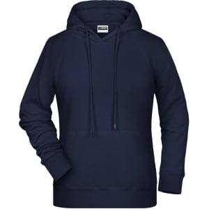 A navy ladies hoodie featuring a drawstring hood and a front pouch pocket. It has a logo on the label.