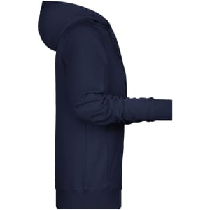 A navy ladies hoodie displayed from the side, featuring a hood and long sleeves. It has a logo on the front.