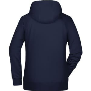A navy blue ladies hoodie featuring a hood and a fitted design, with a logo on the back.