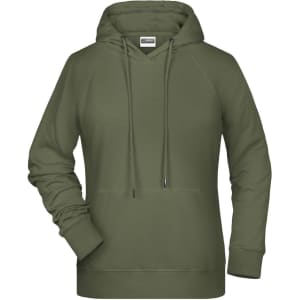 A ladies hoodie in olive green with a front pocket and drawstring hood. It features a logo.