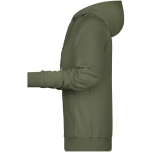 A green ladies hoodie featuring a hood and long sleeves, displaying a simple design with a logo.